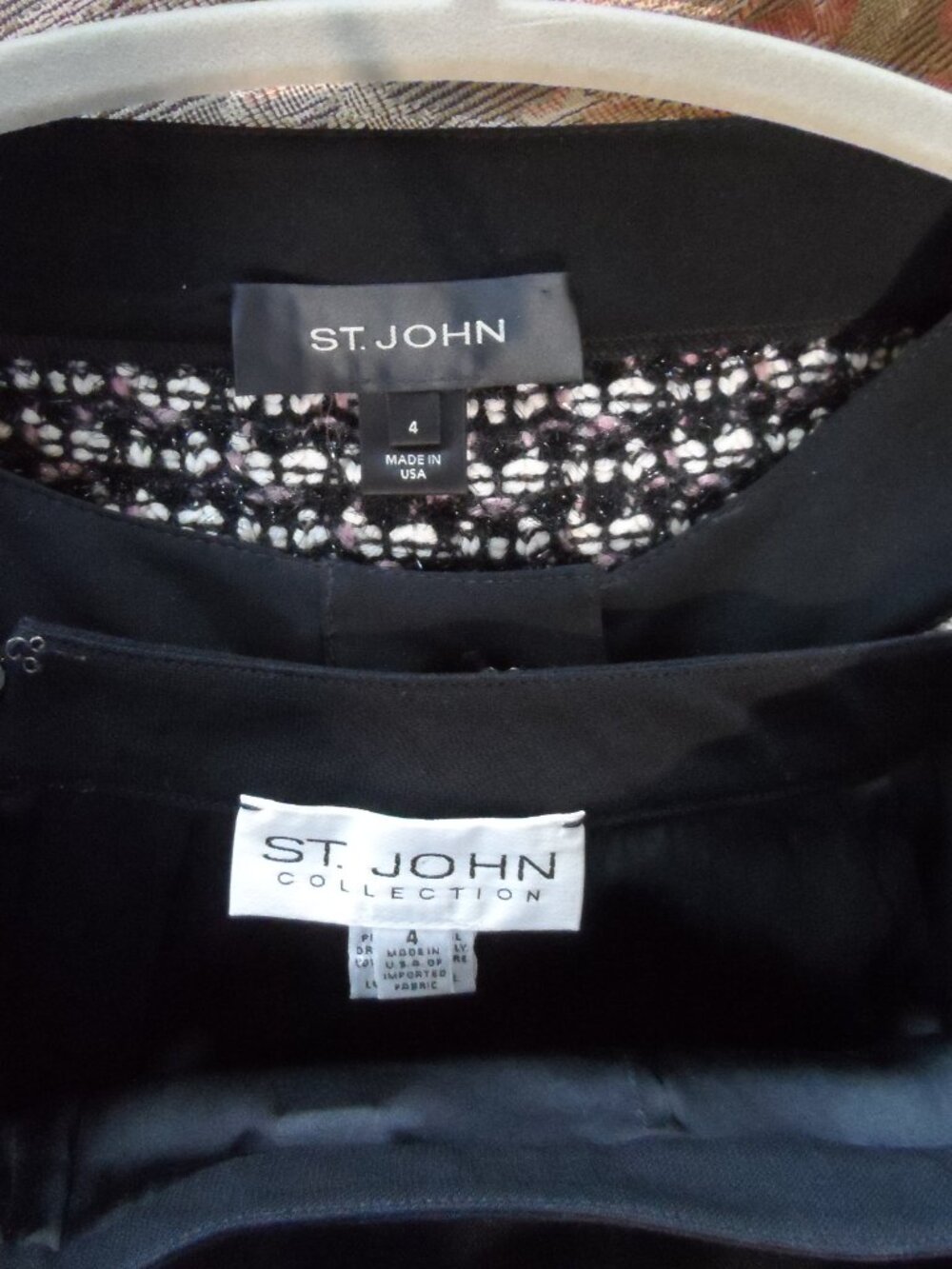 St. John Collection Bouclé Knit Skirt Suit Black Pink White Size 4 - Picture 16 of 16